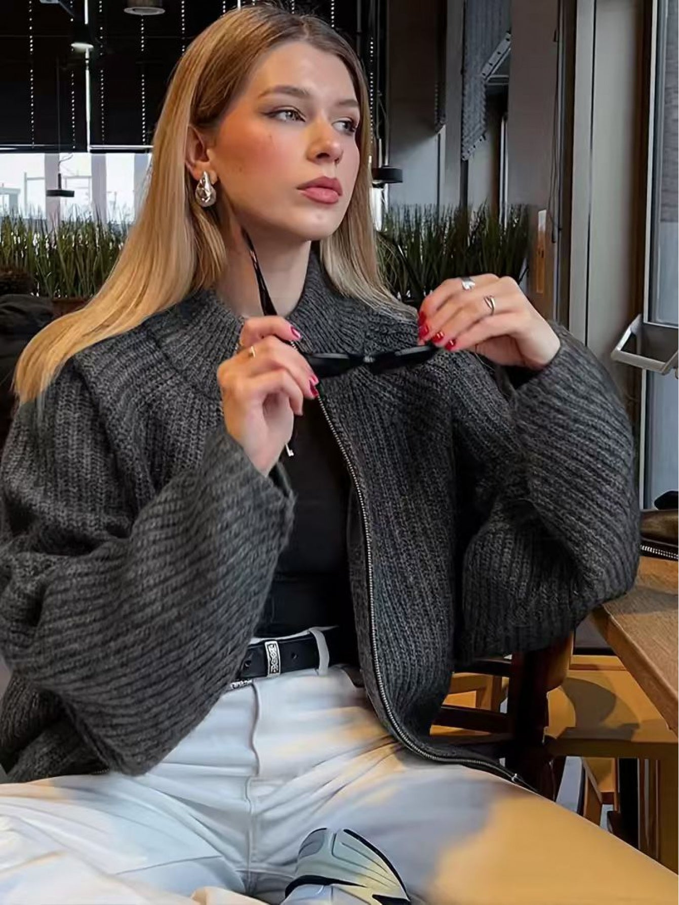 Léopard Blazer-Jas met Rits – Grijs-Bruine Tint & Zachte Col