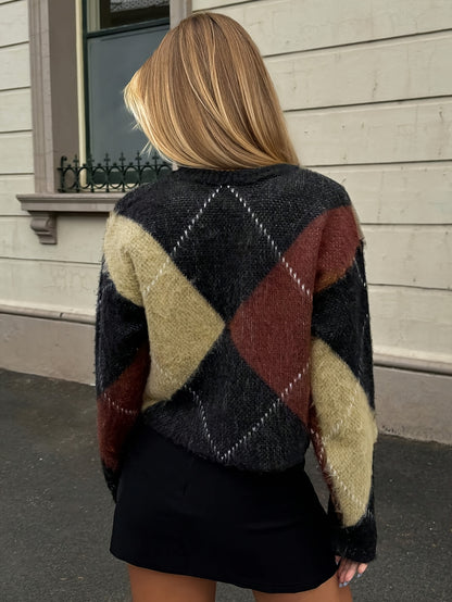 Color Block Trui Bruin-Rood – Chique Ronde Hals & Geometrisch Patroon