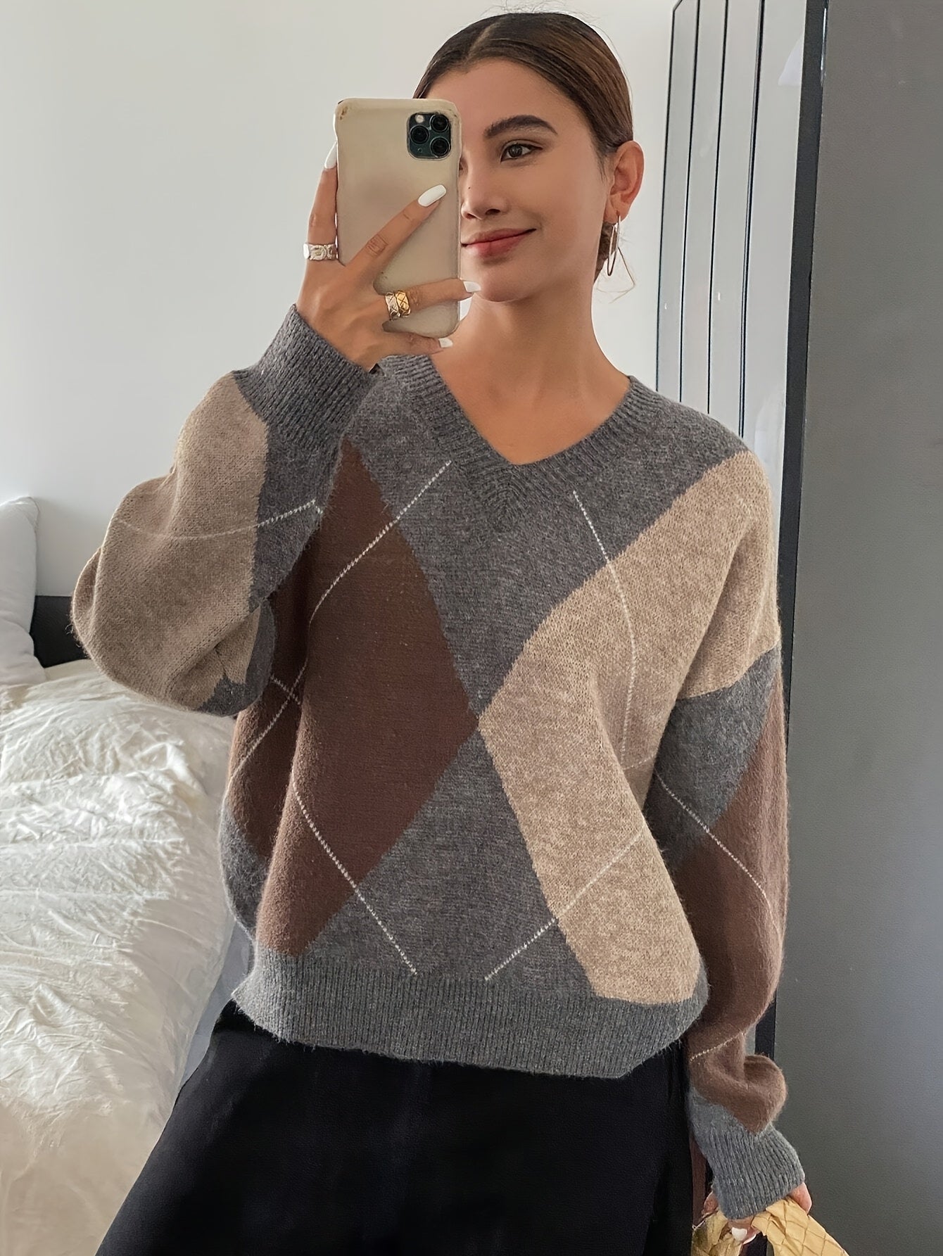 V-Hals Pullover met Geometrisch Patroon - Herfst & Winter