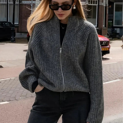 Léopard Blazer-Jas met Rits – Grijs-Bruine Tint & Zachte Col