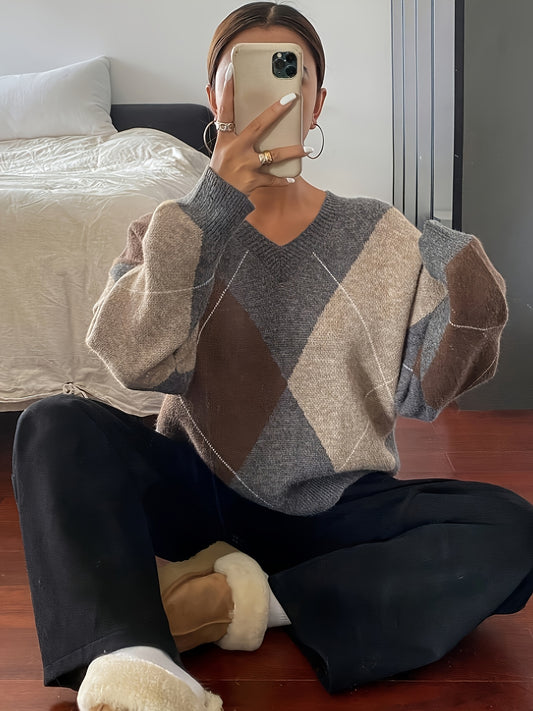 V-Hals Pullover met Geometrisch Patroon - Herfst & Winter