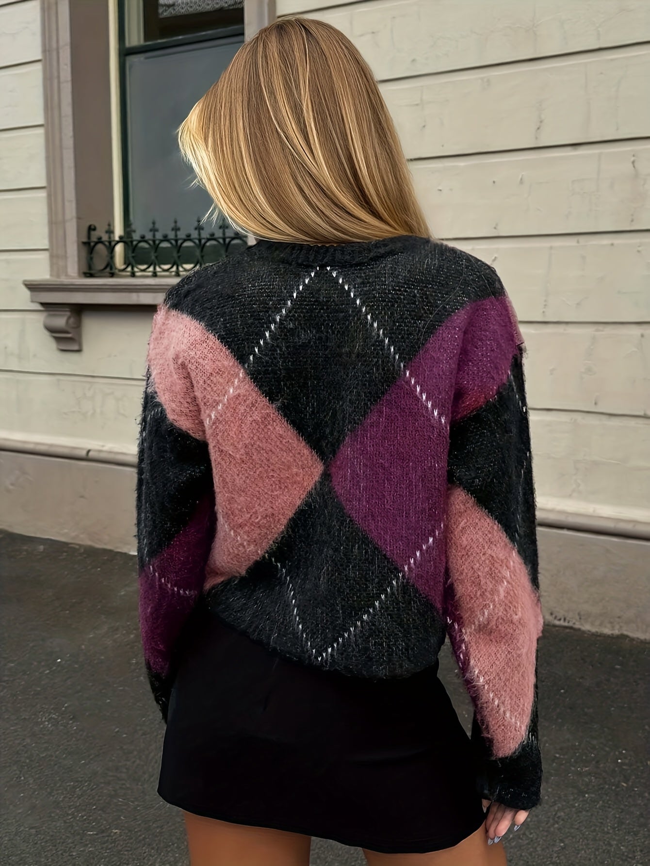 Color Block Trui Bruin-Rood – Chique Ronde Hals & Geometrisch Patroon