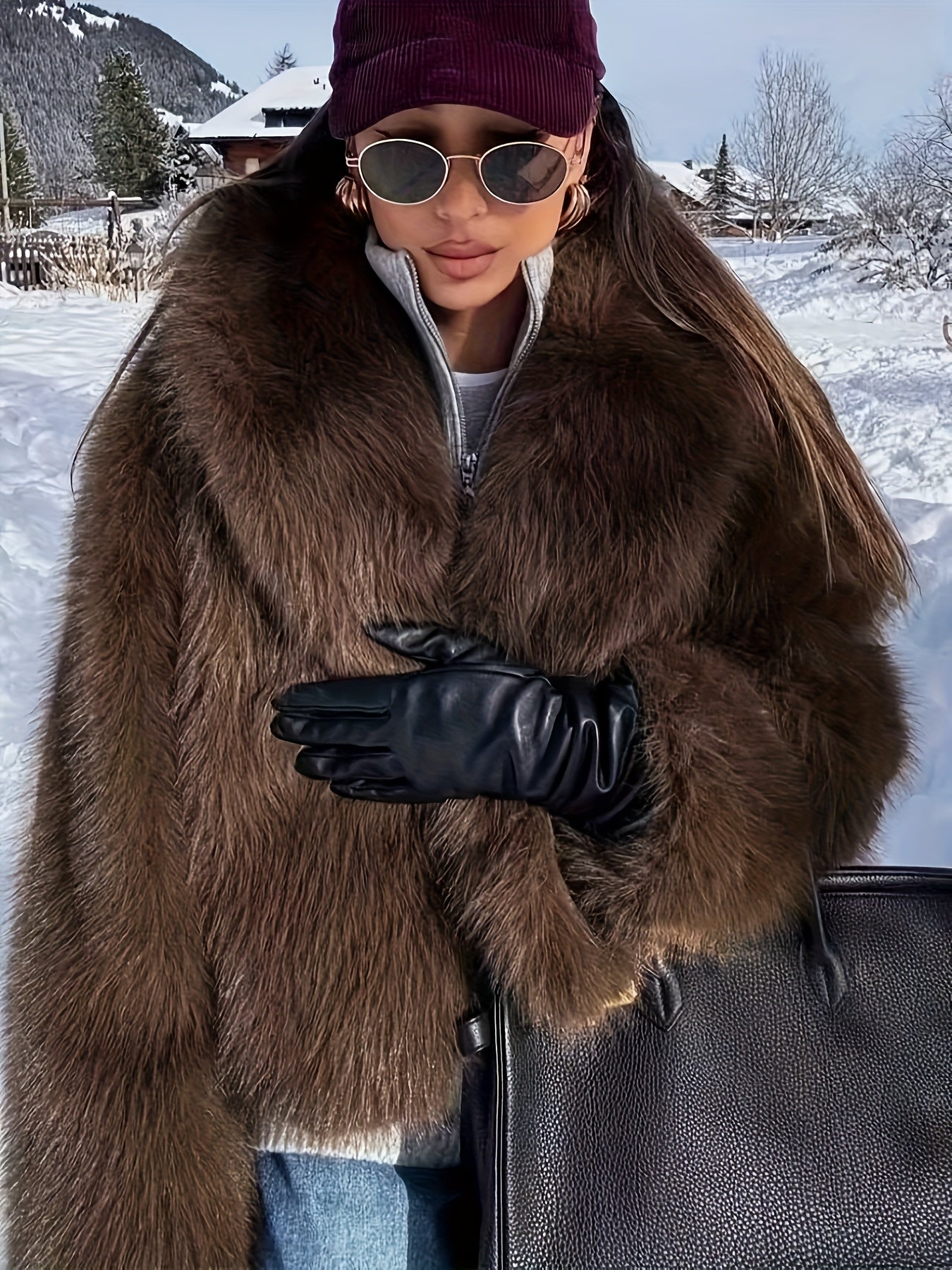 Elegante Nepbont Jas Dames Bruin - Luxe Winterjas met Revers voor Herfst Winter