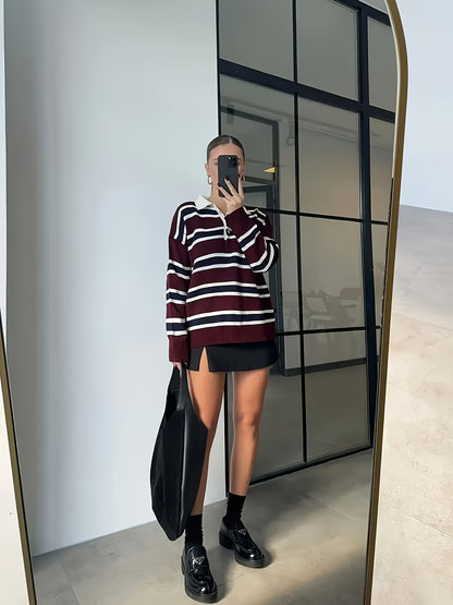 Retro Damespullover Polo-Kraag Gestreept - Herfst & Winter 2025