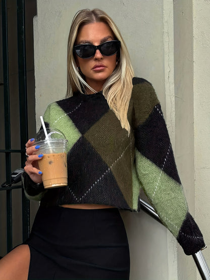 Color Block Trui Bruin-Rood – Chique Ronde Hals & Geometrisch Patroon