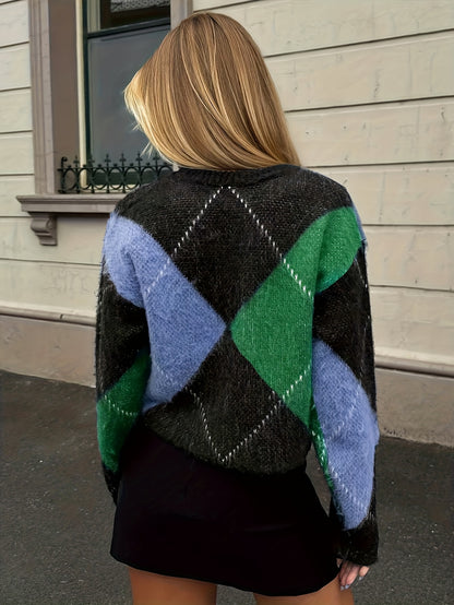 Color Block Trui Bruin-Rood – Chique Ronde Hals & Geometrisch Patroon