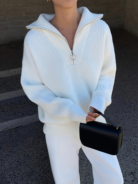 Elegante Vest-Trui met Rits – Zachte Reverskraag & Lange Mouwen