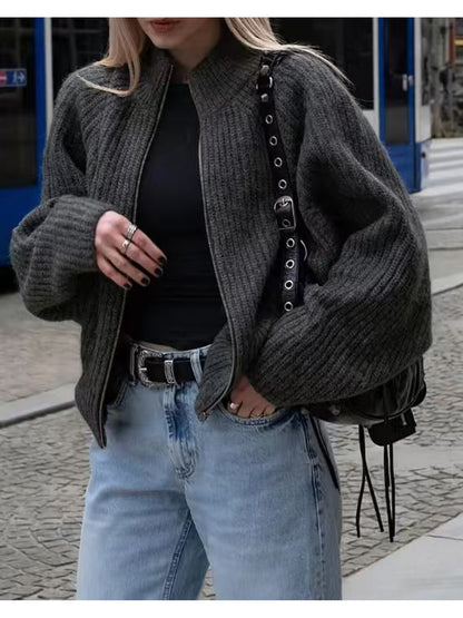 Léopard Blazer-Jas met Rits – Grijs-Bruine Tint & Zachte Col