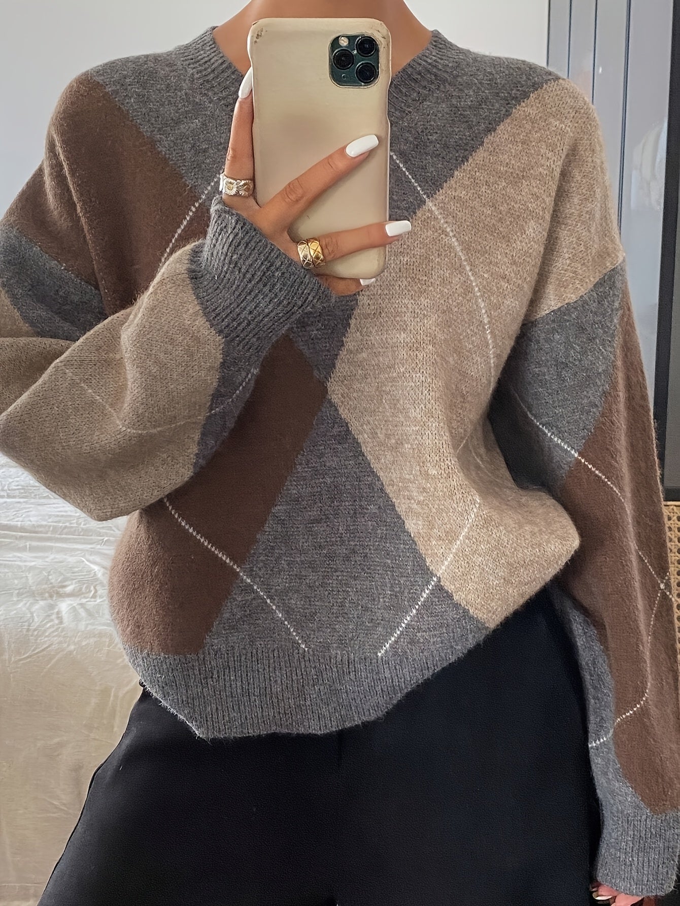 V-Hals Pullover met Geometrisch Patroon - Herfst & Winter