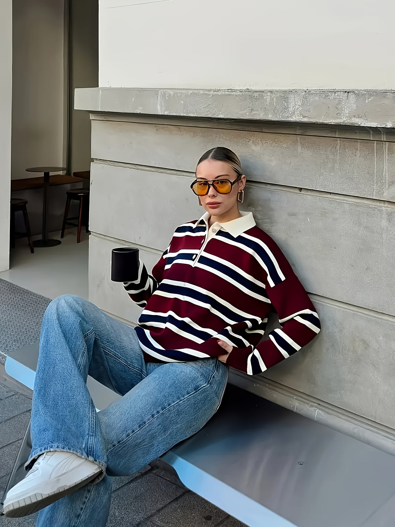 Retro Damespullover Polo-Kraag Gestreept - Herfst & Winter 2025