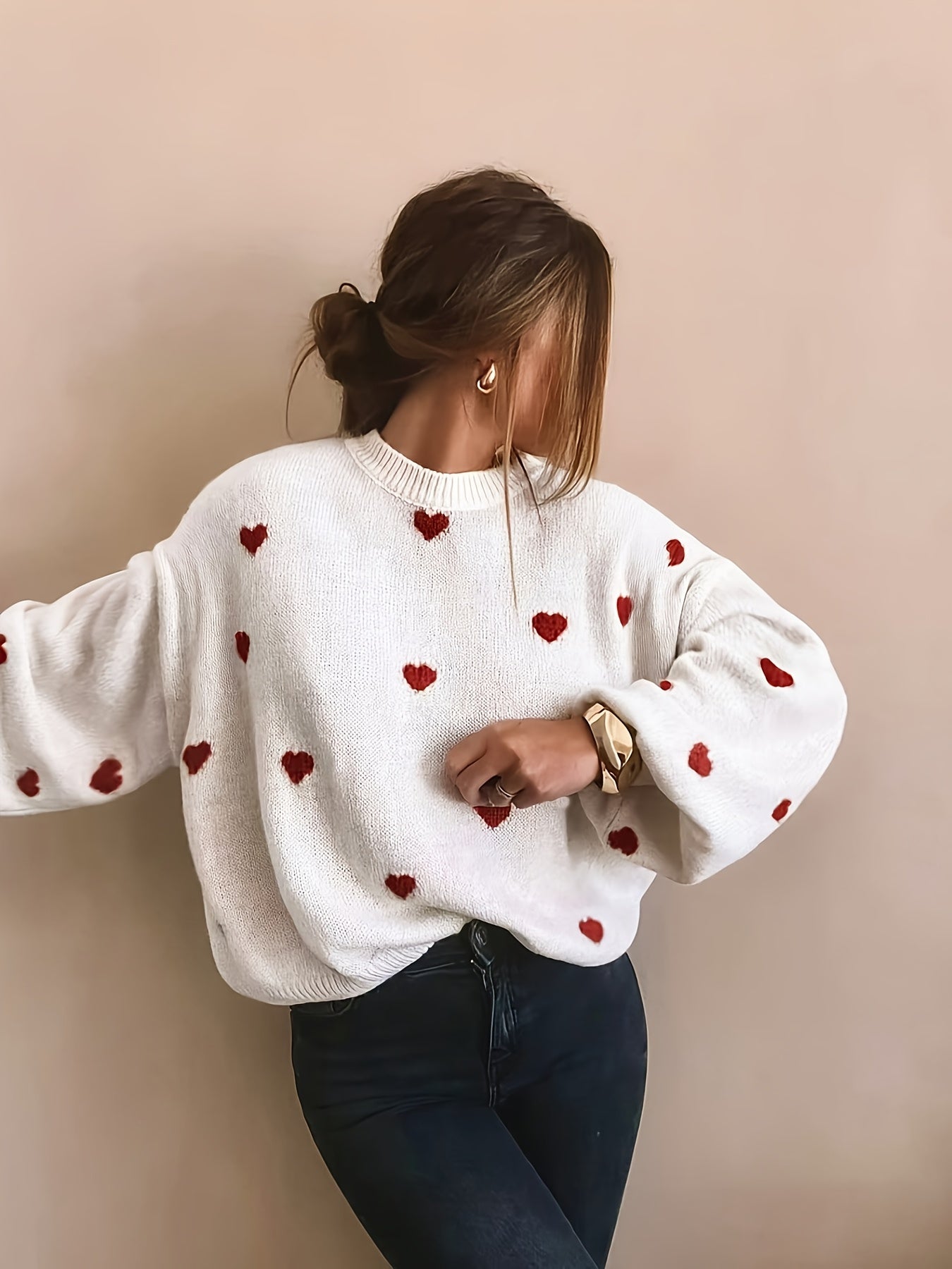 Elegante Trui met Hartprint en Lantaarnmouwen voor Dames