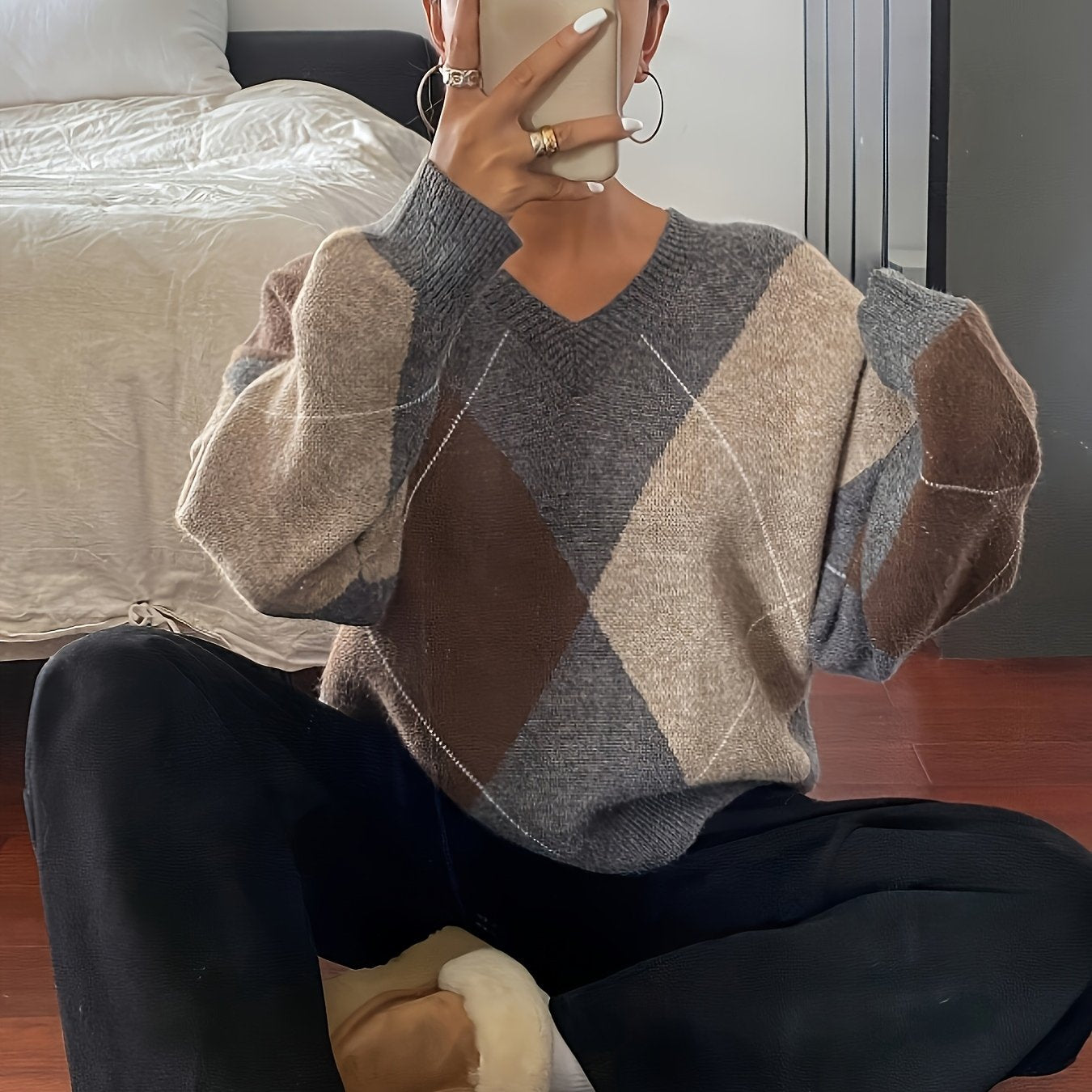 V-Hals Pullover met Geometrisch Patroon - Herfst & Winter