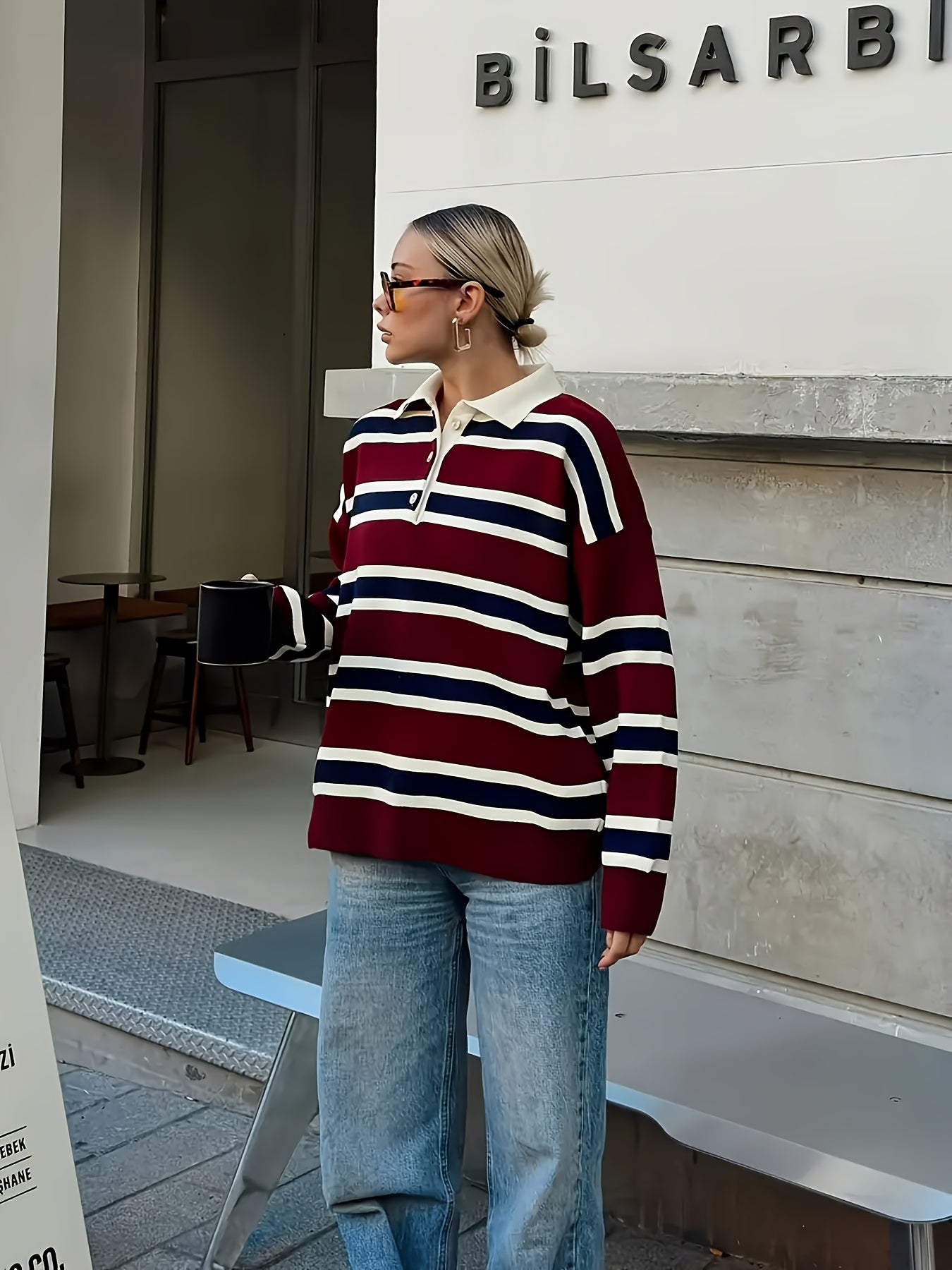 Retro Damespullover Polo-Kraag Gestreept - Herfst & Winter 2025