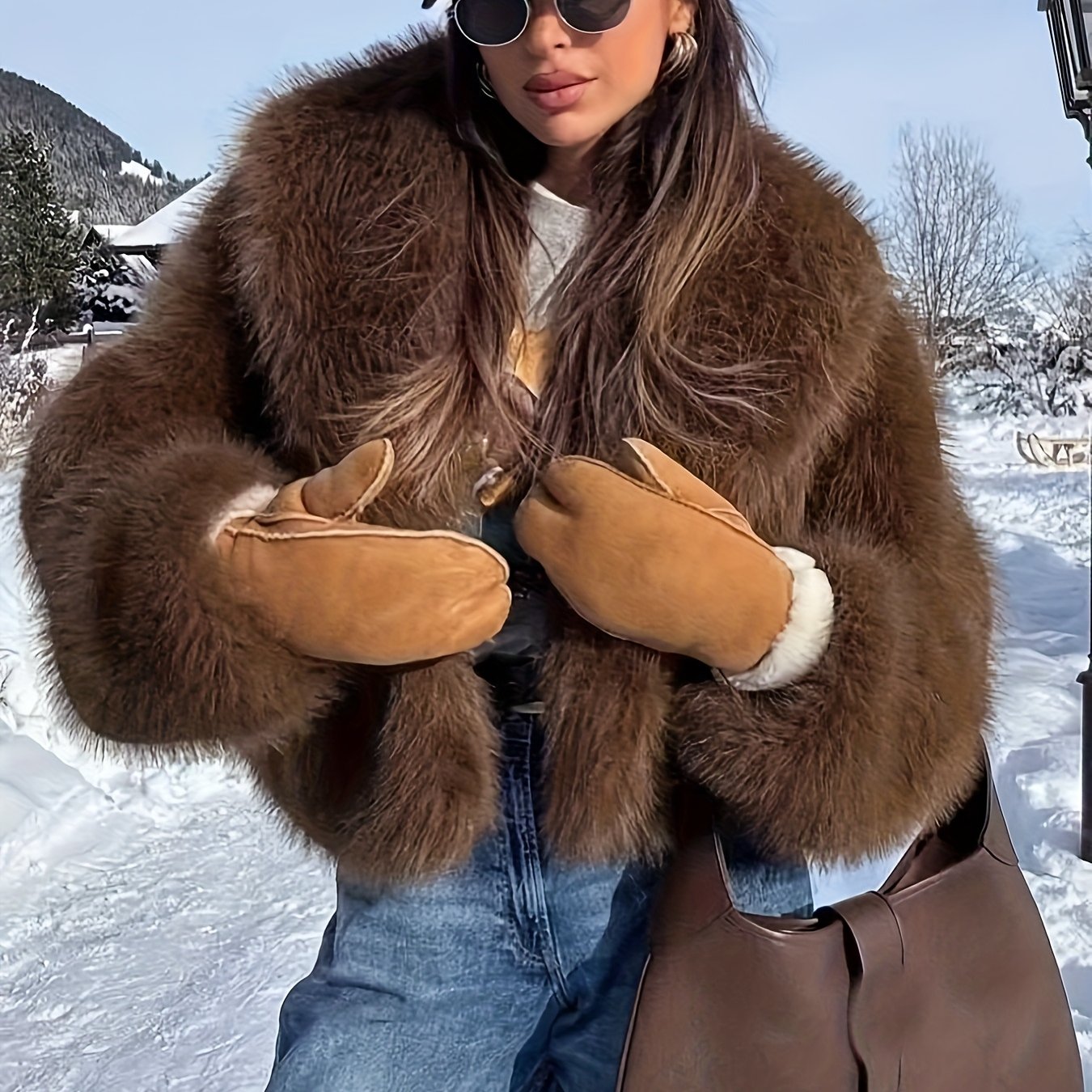 Elegante Nepbont Jas Dames Bruin - Luxe Winterjas met Revers voor Herfst Winter