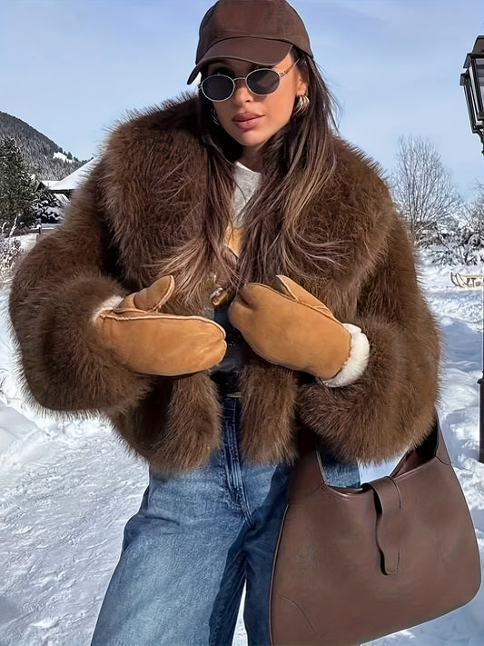 Elegante Nepbont Jas Dames Bruin - Luxe Winterjas met Revers voor Herfst Winter