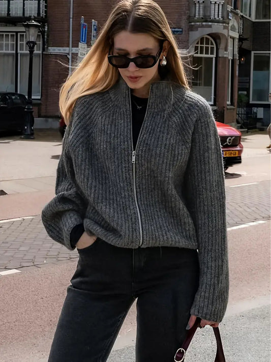 Léopard Blazer-Jas met Rits – Grijs-Bruine Tint & Zachte Col