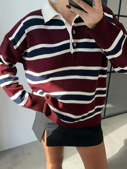 Retro Damespullover Polo-Kraag Gestreept - Herfst & Winter 2025