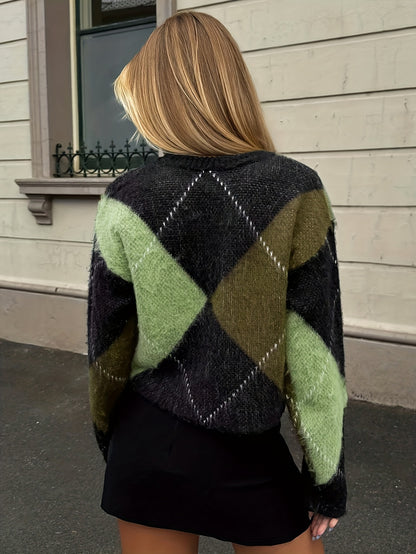 Color Block Trui Bruin-Rood – Chique Ronde Hals & Geometrisch Patroon