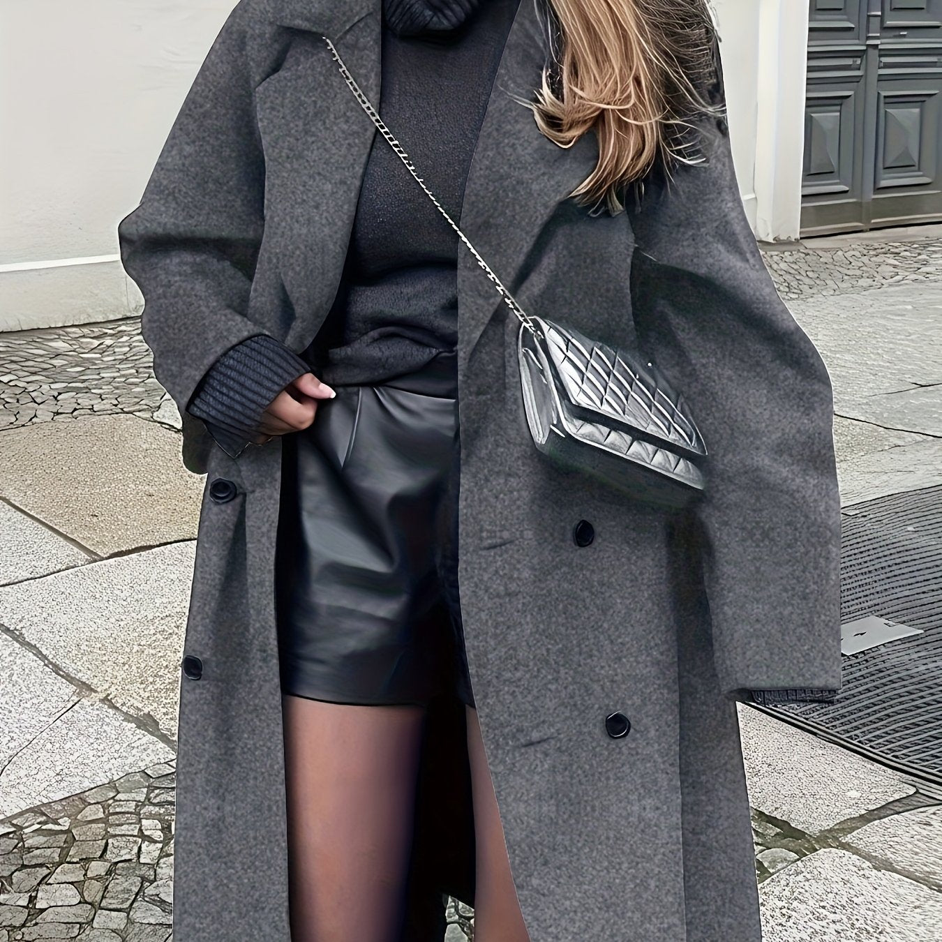 Maxi Lange Dames Mantel met Dubbele Knopen