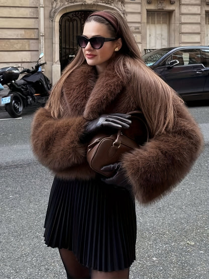 Elegante Nepbont Jas Dames Bruin - Luxe Winterjas met Revers voor Herfst Winter